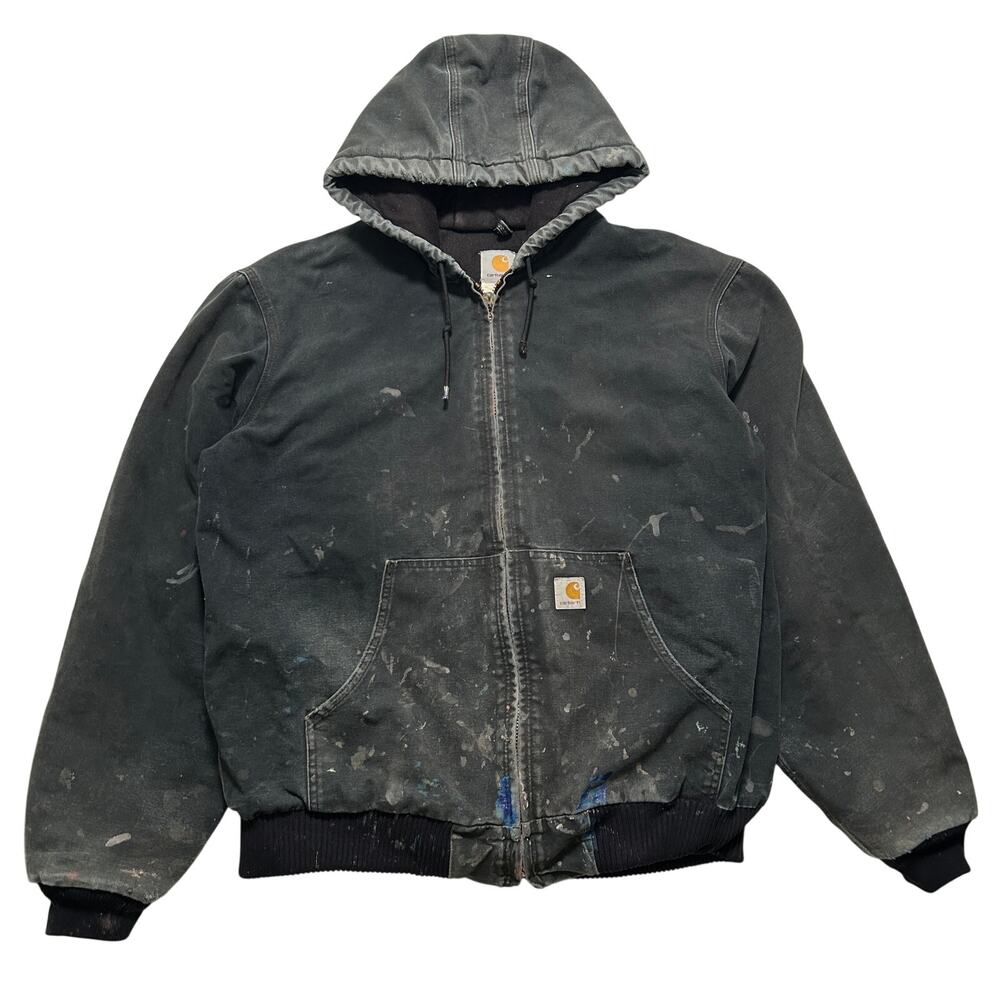 VTG 90's Carhartt Faded Paint Distressed J140 Canvas Duck Active‎ Jacket Black L